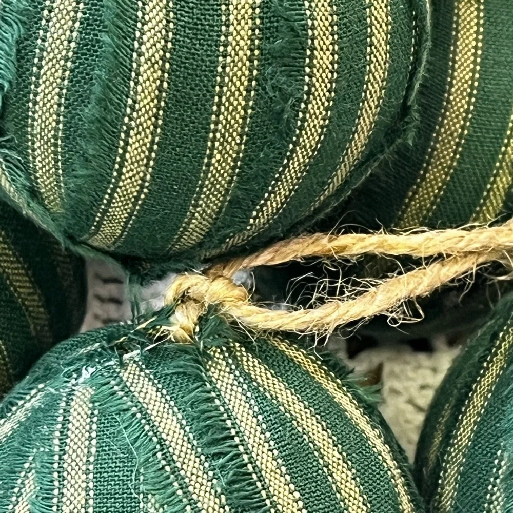 10 Primitive green stripe Fabric RAG BALLS Christmas Ornaments farmhouse decor